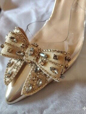Gold Clear Slingback Kitten Heels with Rhinestone Bow Accent